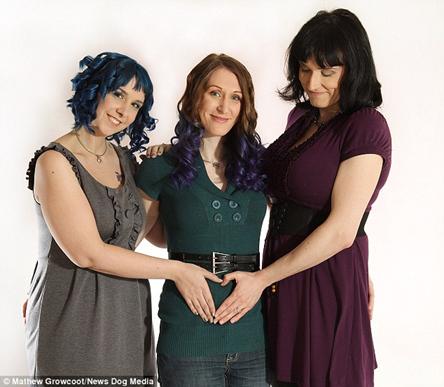 Doll, 30, Kitten, 27, and Brynn Young, 34, (L-R) from Massachusetts, USA, are the world's first married lesbian threesome and are expecting a baby daughter in July