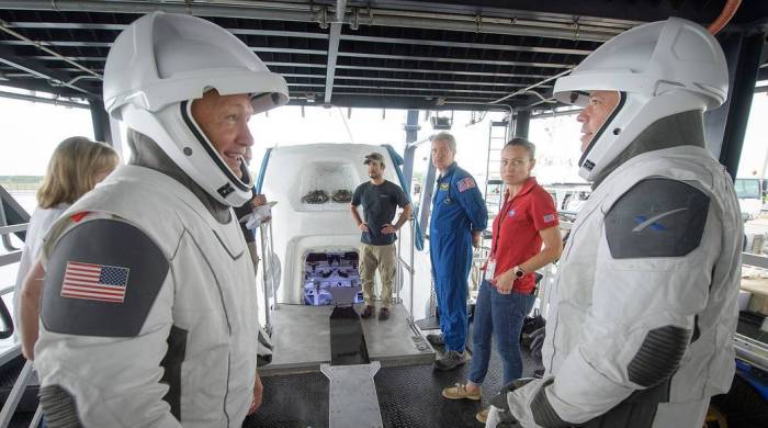 NASA astronauts Doug Hurley, left, and Bob Behnken