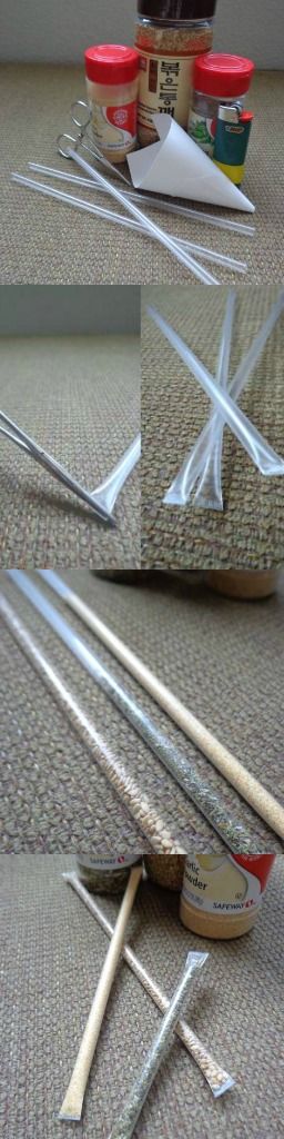 How To Make Seasoning Straws   A quick and simple way to bring seasoning with you while backpacking or camping without having to bring way more than you will ever need! I bring these with me when I go backpacking, they allow me to season my food without all the extra weight.   Directions: Use the lighter and melt one end on each of the straws. Fit the funnel on one of the straws and carefully pour in the seasoning of your choice. Once they are all filled, cut the straws to size and melt the ends