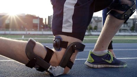 The Levitation brace helps bend the user's knees back forward when walking or running